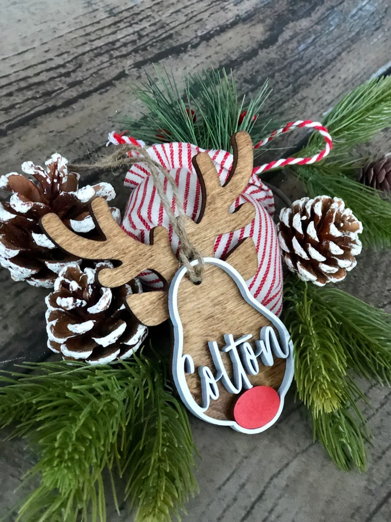 Personalized reindeer tag, personalized Christmas ornament, personalized gift tag, kids stocking tag, farmhouse Christmas